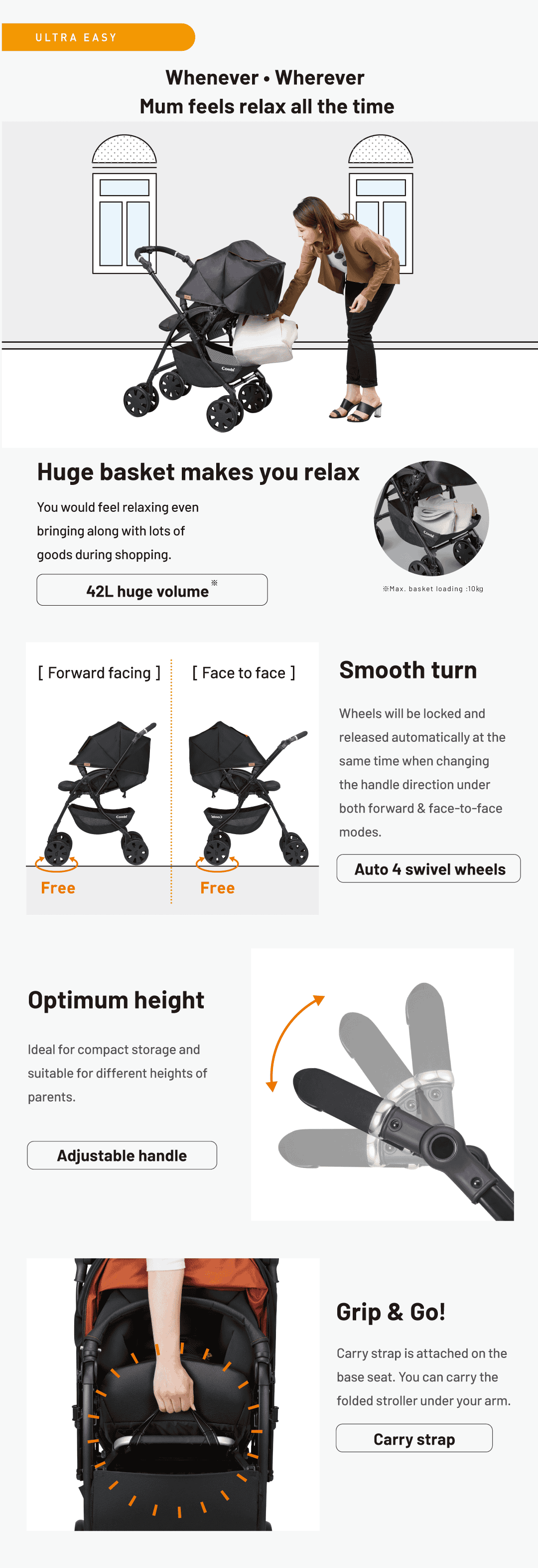 Combi Crossgo stroller feature panel showing folding, handle and harness operation.