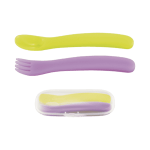 Combi Baby Label Spoon & Fork Set With Case, with green and purple utensils beside the case.