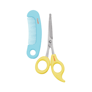 Combi Baby Label Hair Cut Set with yellow scissors and blue comb side with each other