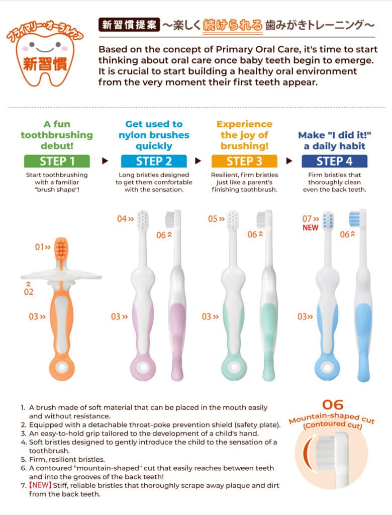 Combi Teteo toothbrush Steps 1–4 compared, showing the starter brush with a detachable shield and the different bristle designs.