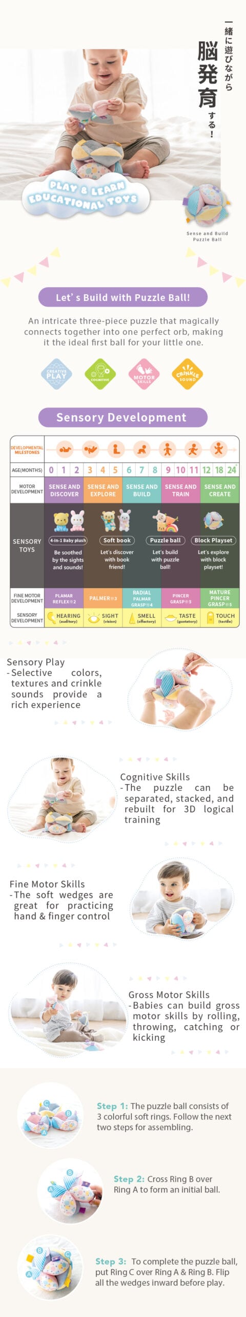Combi Sense and Build puzzle ball graphic showing its pieces and play activities.