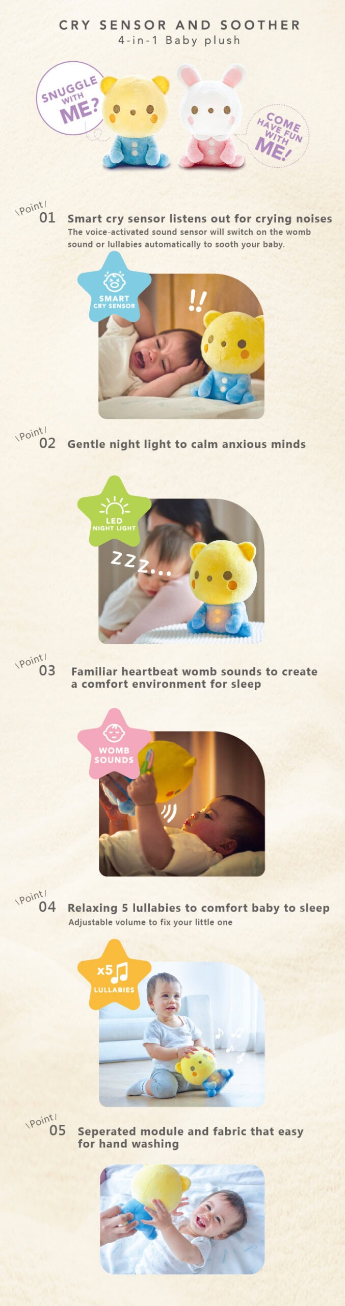 Combi Little Lula Rabbit and Little Malo Bear soft toys with sensory feature close-ups.