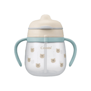 Combi LakuMug First Straw 240ml Step 1 (Bear), with the lid closed.
