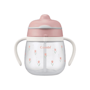 Combi LakuMug First Straw 240ml Step 1 (Tulip), with the lid closed.