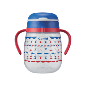 Combi LakuMug Straw 340ml Step 3 (Blue) in blue, with the lid closed.