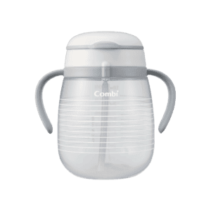 Combi LakuMug Straw 340ml Step 3 (White Stripe) in white, with the lid closed.