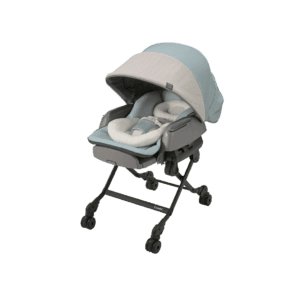 Combi Bedi Long (Auto Swing) parenting station in blue, upright with its tray attached.