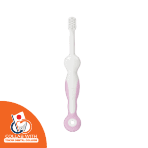 Purple Combi Teteo Step 2 training toothbrush with soft nylon bristles and an easy-grip handle, collab with tokyo dental collage icon appear in lower left corner of the image