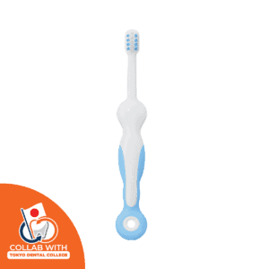 Combi Teteo Step 4 toothbrush in blue, with firm bristles for back teeth and a rounded loop at the handle end, collab with tokyo dental collage icon appear in lower left corner of the image