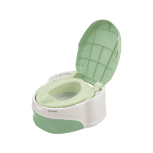 Combi Baby Label Step Up Potty in green, with the lid open.