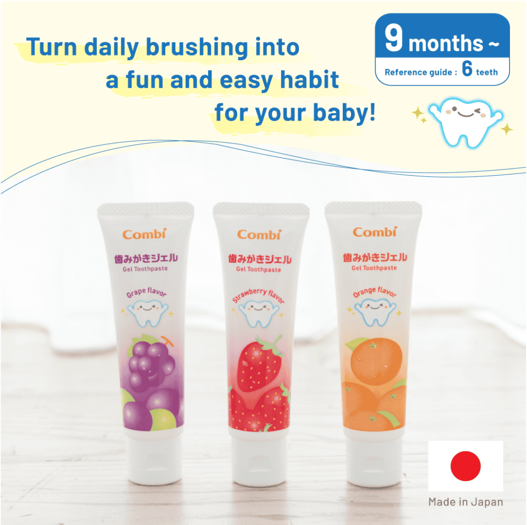 Combi Teteo gel toothpaste banner with three flavours standing on a wooden surface and a message about daily brushing.