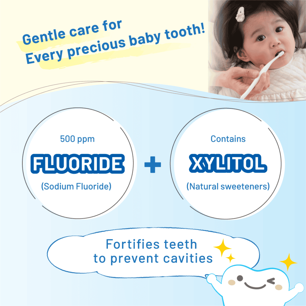 Combi Teteo gel toothpaste infographic highlighting fluoride and xylitol, beside a baby having their teeth brushed.