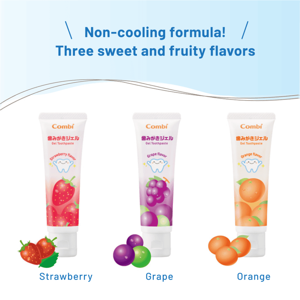 Combi Teteo gel toothpaste flavour guide showing strawberry, grape and orange tubes with matching fruit illustrations.
