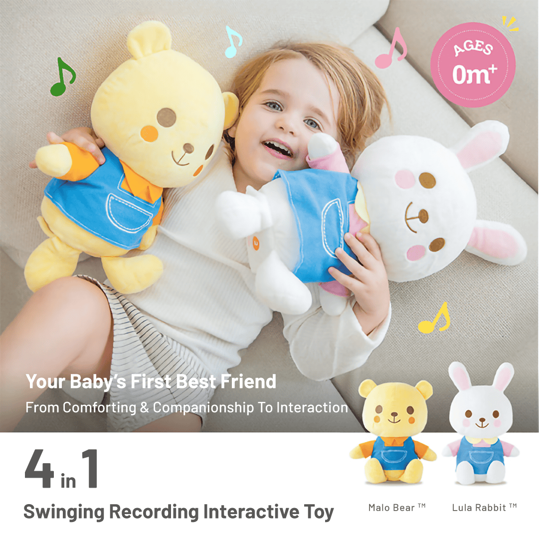 A child cuddles Combi interactive bear and rabbit toys beside a four-in-one feature label.