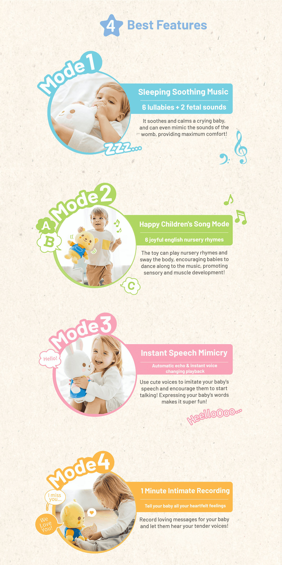 Combi interactive rabbit and bear toy graphic showing singing, recording and sensory-play activities.