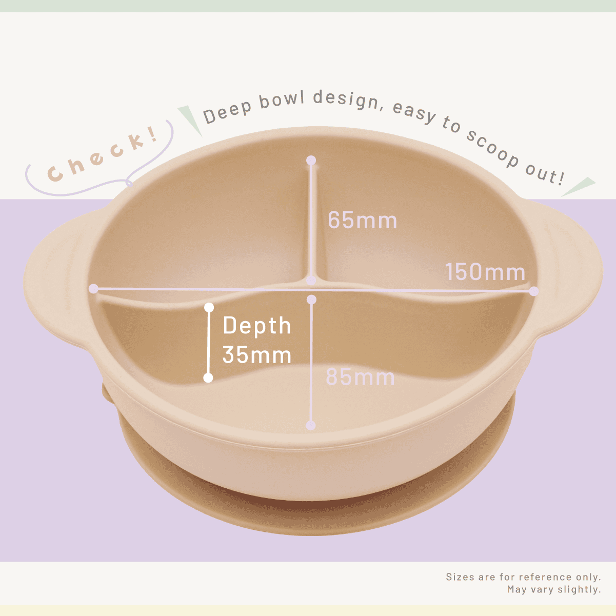 Combi Silicone Divided Suction Bowl + Lid feature panel showing the bowl compartment dimensions.