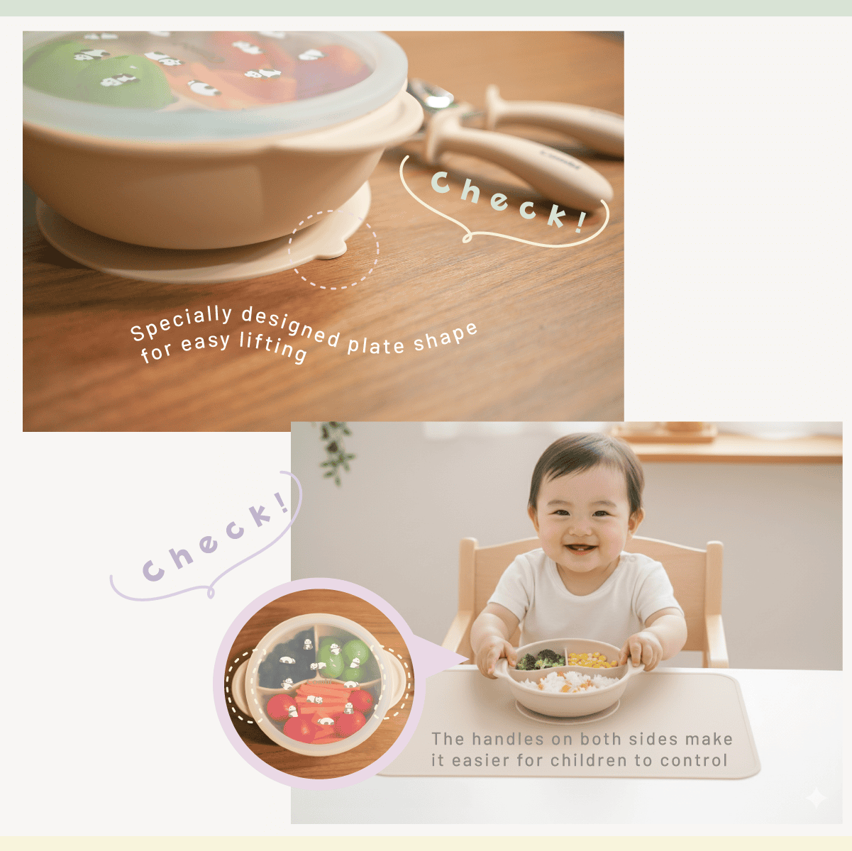 Combi Silicone Divided Suction Bowl + Lid feature panel showing the bowl lifting tab and a child using the bowl.