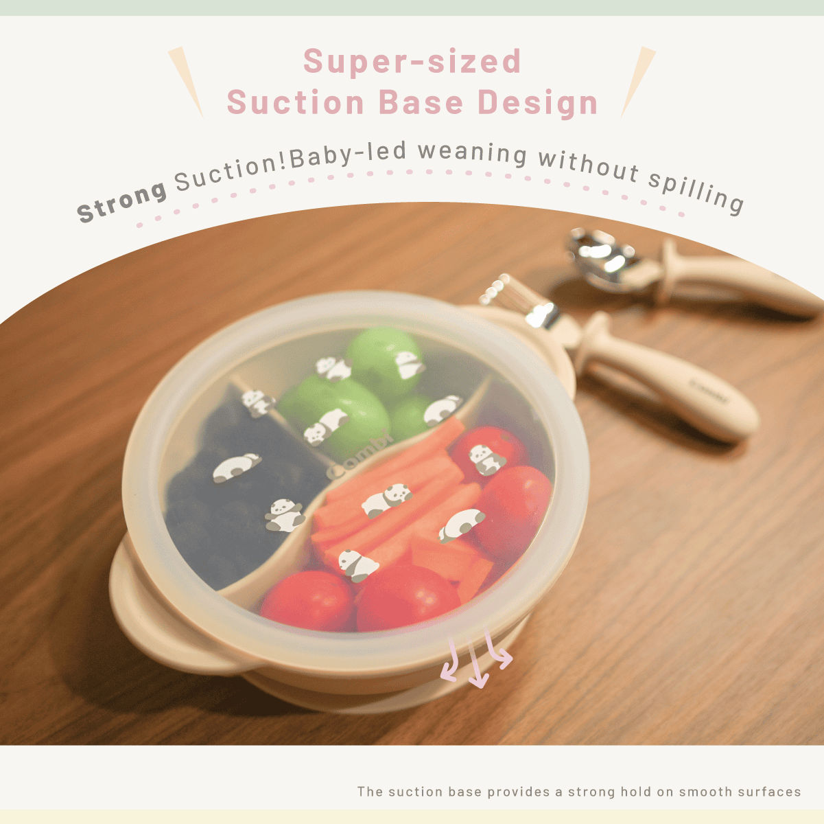 Combi Silicone Divided Suction Bowl + Lid feature panel showing the bowl suction base.