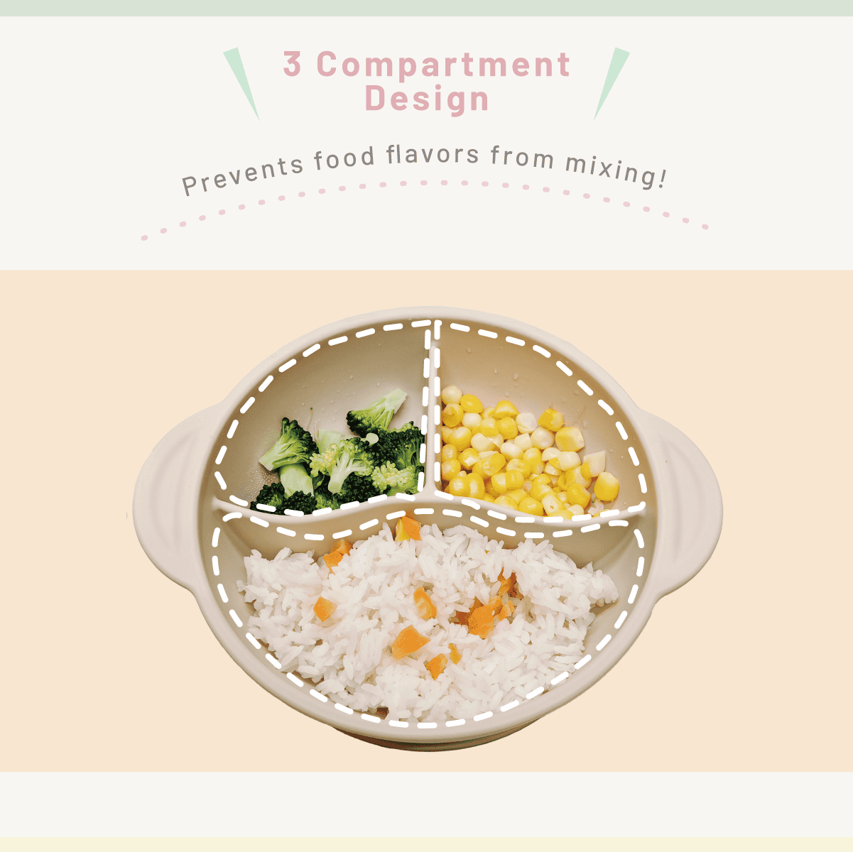 Combi Silicone Divided Suction Bowl + Lid feature panel showing food arranged in three compartments.