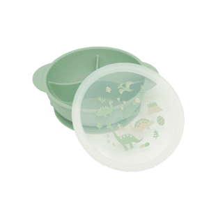 Combi divided suction bowl in green, with its lid beside it.
