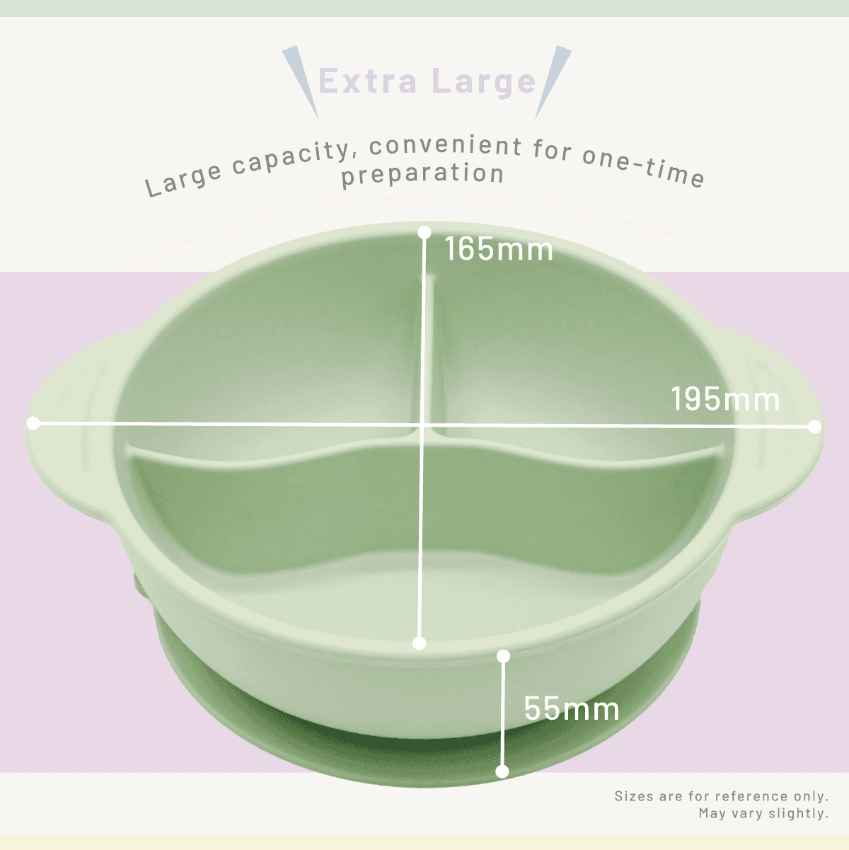 Combi Silicone Divided Suction Bowl + Lid feature panel showing the overall bowl dimensions.