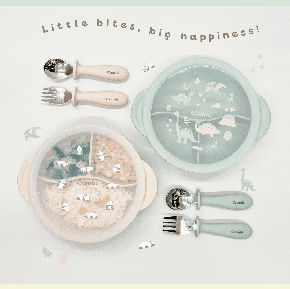 Combi Silicone Divided Suction Bowl + Lid feature panel showing two bowl colour options with matching cutlery.