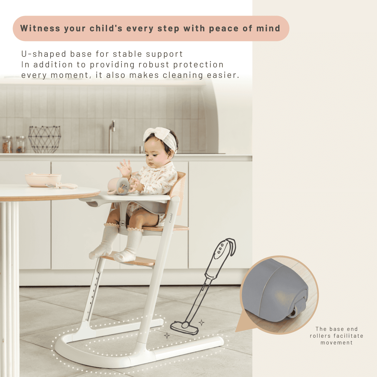 Combi Everseat High Chair feature panel showing the chair base and floor-contact design.