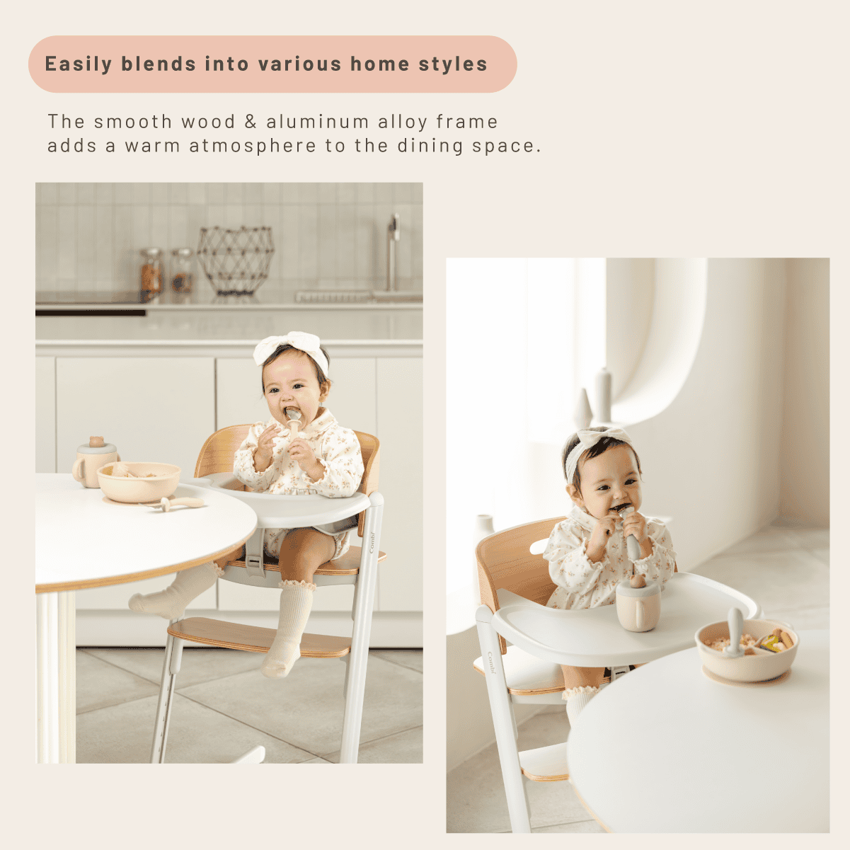 Combi Everseat High Chair feature panel showing the chair in a dining-room setting.