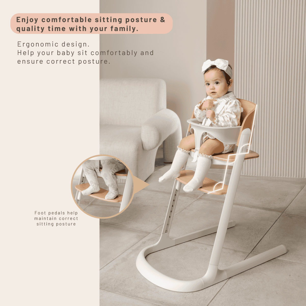 Combi Everseat High Chair feature panel showing a child sitting at the family dining table.