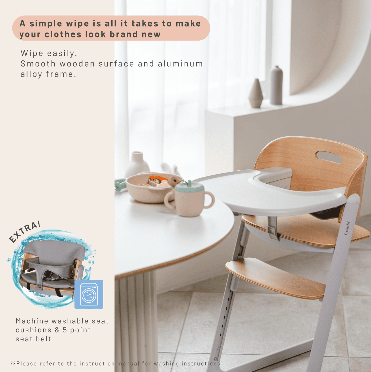 Combi Everseat High Chair feature panel showing cleaning the chair, cushion and tray.