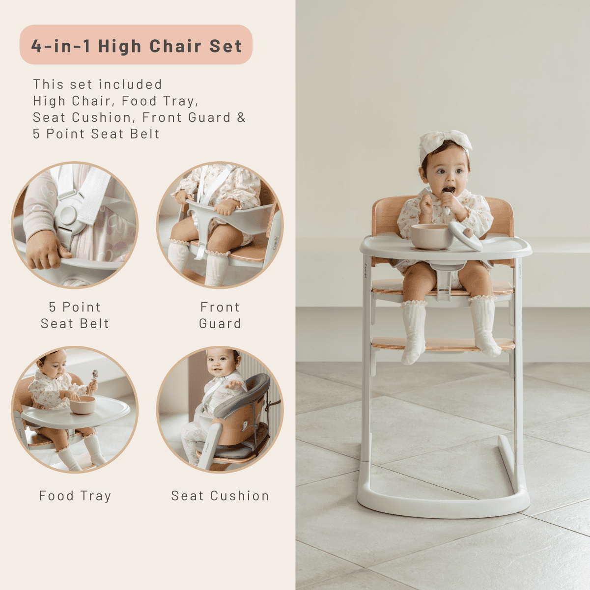 Combi Everseat High Chair feature panel showing the harness, front guard, tray and cushion.