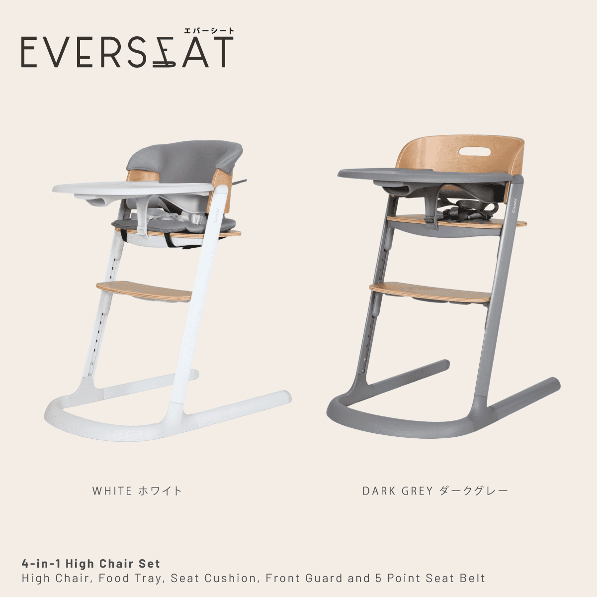 Combi Everseat High Chair feature panel showing white and dark-grey frame options.