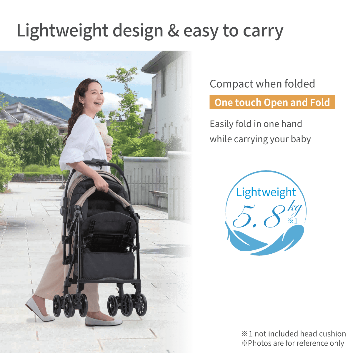 Combi Sugocal L Compact stroller feature panel showing a parent carrying the folded stroller.