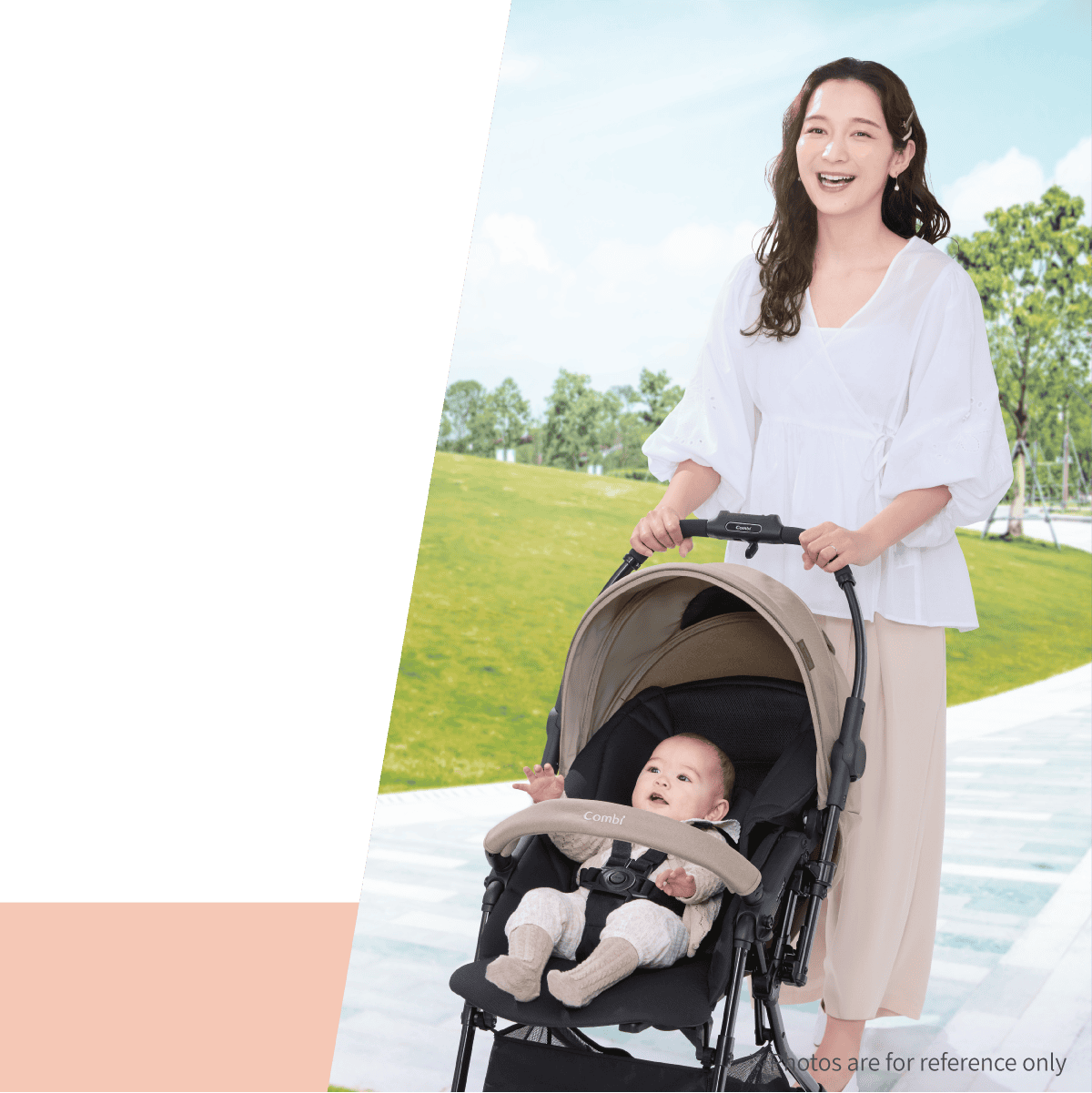 Combi Sugocal L Compact stroller feature panel showing a parent pushing the stroller.