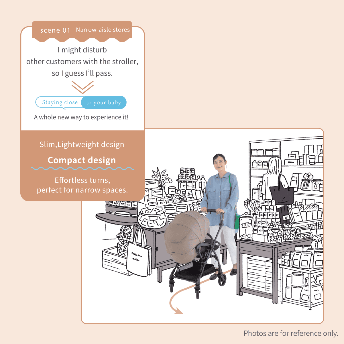 Combi Sugocal S stroller feature panel showing parent comments about using the stroller.