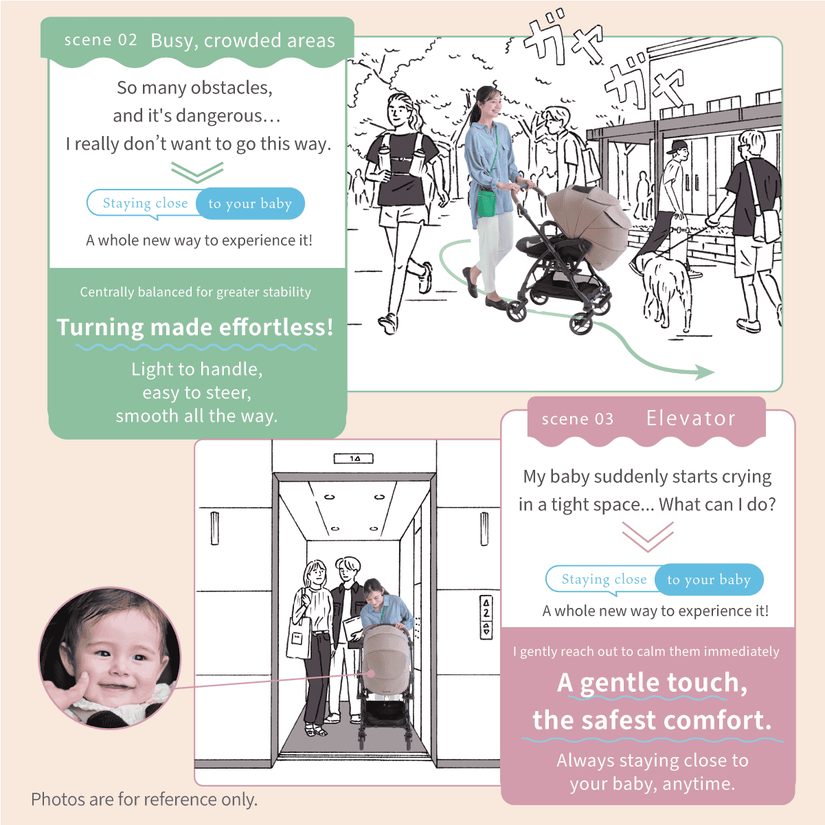 Combi Sugocal S stroller feature panel showing parent comments and illustrated outings.