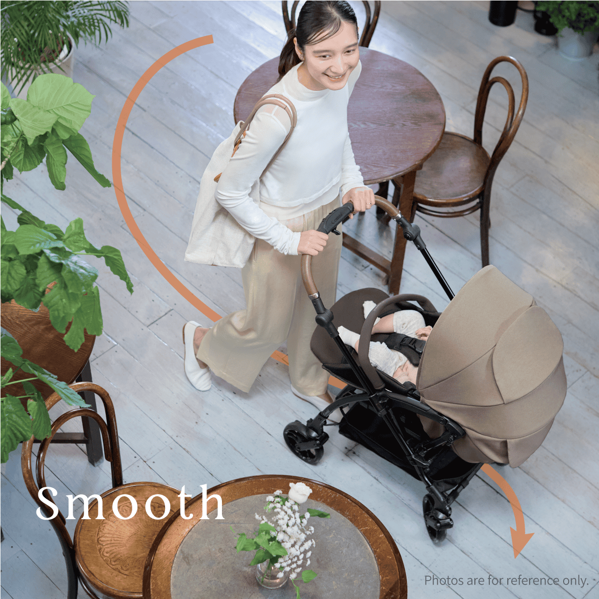 Combi Sugocal S stroller feature panel showing a parent manoeuvring the stroller.