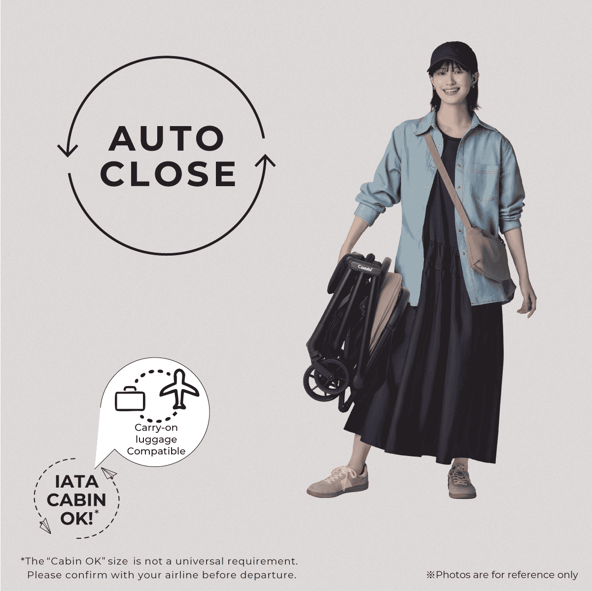 Combi Auto N Neo stroller feature panel showing a parent holding the folded stroller with auto close icon and cabin ok icon