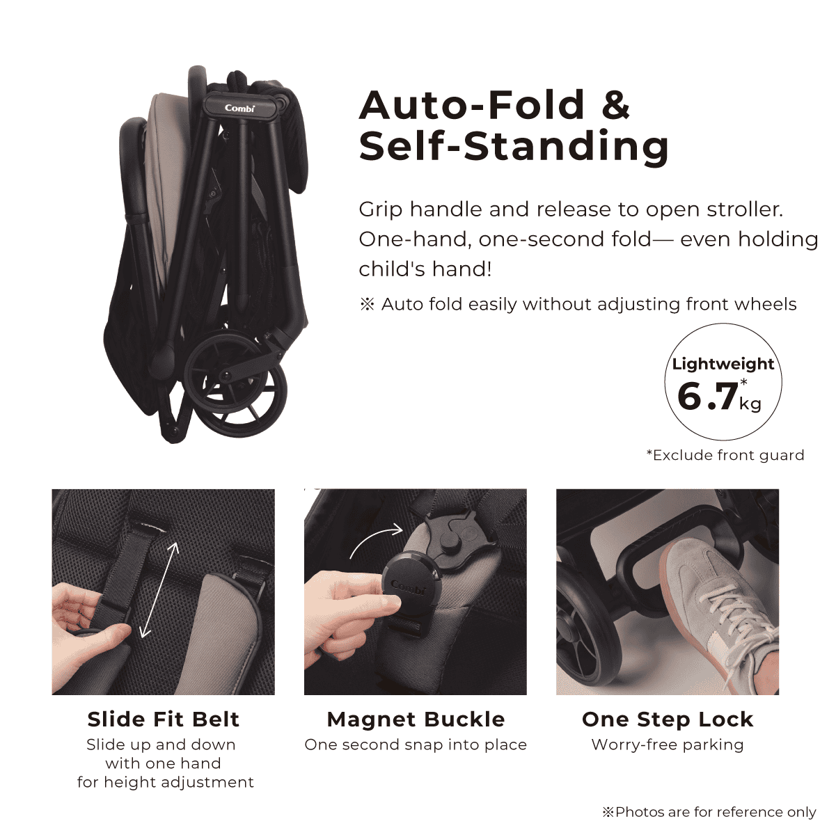 Combi Auto N Neo stroller feature panel showing auto-folding, the harness buckle and the wheel lock.