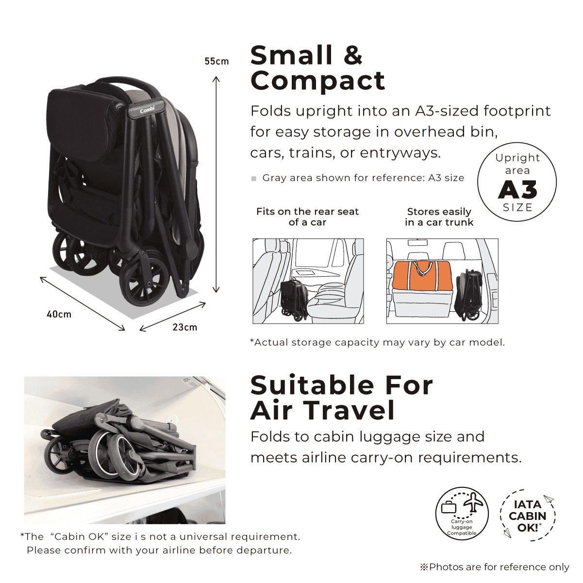 Combi Auto N Neo stroller feature panel showing compact storage and travel illustrations.