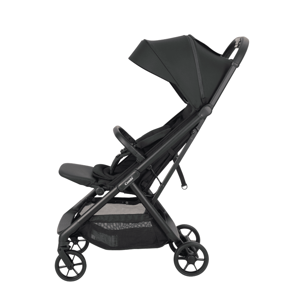 Combi Auto N neo stroller in dark green with the canopy retracted.