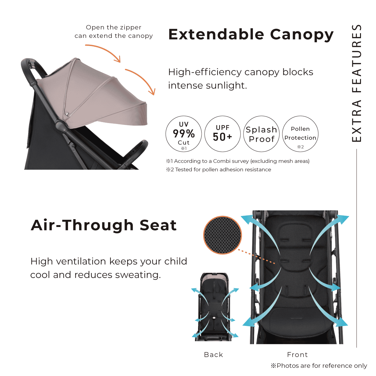 Combi Auto N Neo stroller feature panel showing the extendable canopy and ventilated seat.