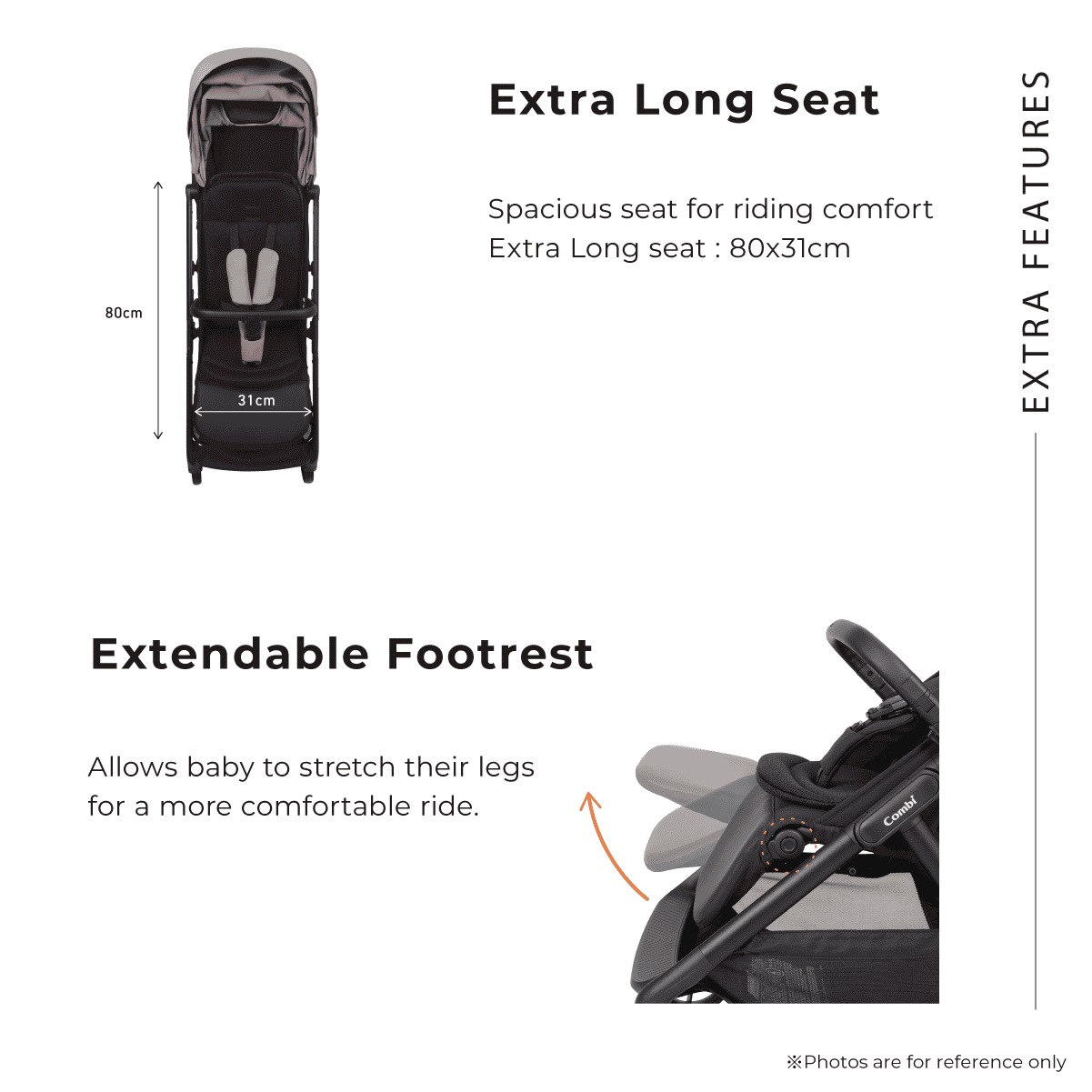 Combi Auto N Neo stroller feature panel showing the long seat and extendable footrest.