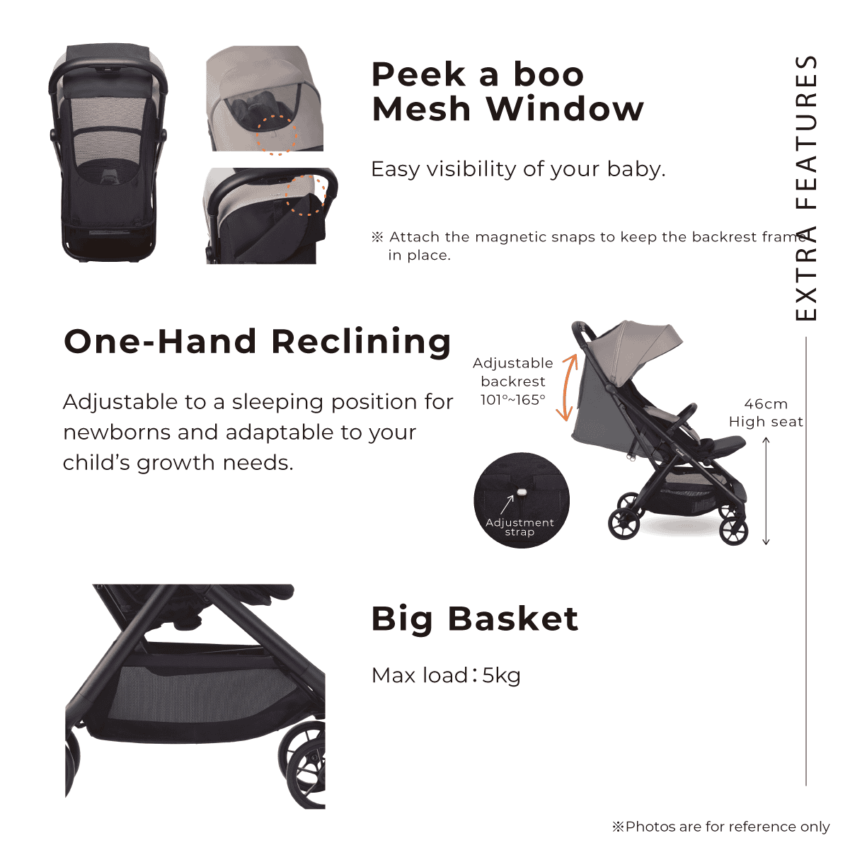 Combi Auto N Neo stroller feature panel showing the mesh viewing window, recline and basket.