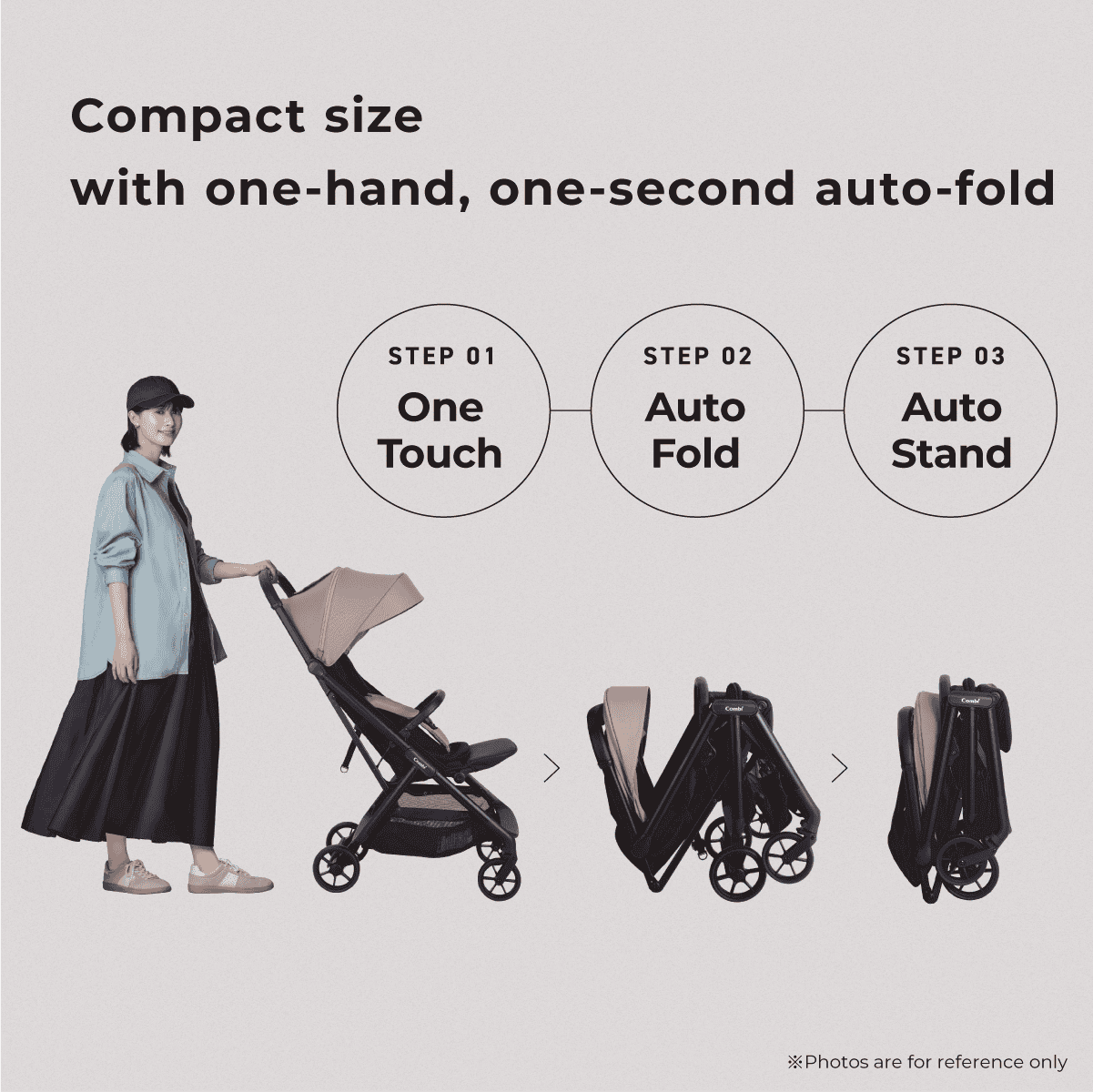 Combi Auto N Neo stroller feature panel showing the one-touch auto-fold sequence.