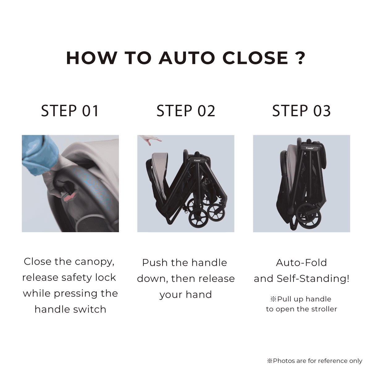 Combi Auto N Neo stroller feature panel showing three steps for closing the stroller.