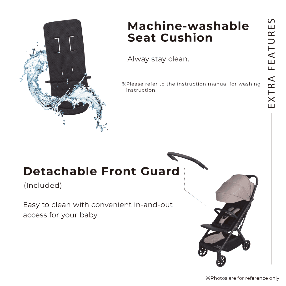 Combi Auto N Neo stroller feature panel showing the washable seat cushion and detachable front guard.
