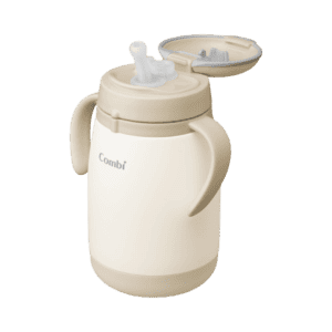 Combi LakuMug stainless steel large straw cup in sand beige, with its lid open.
