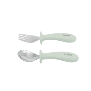 Combi stainless steel spoon and fork with green handles.