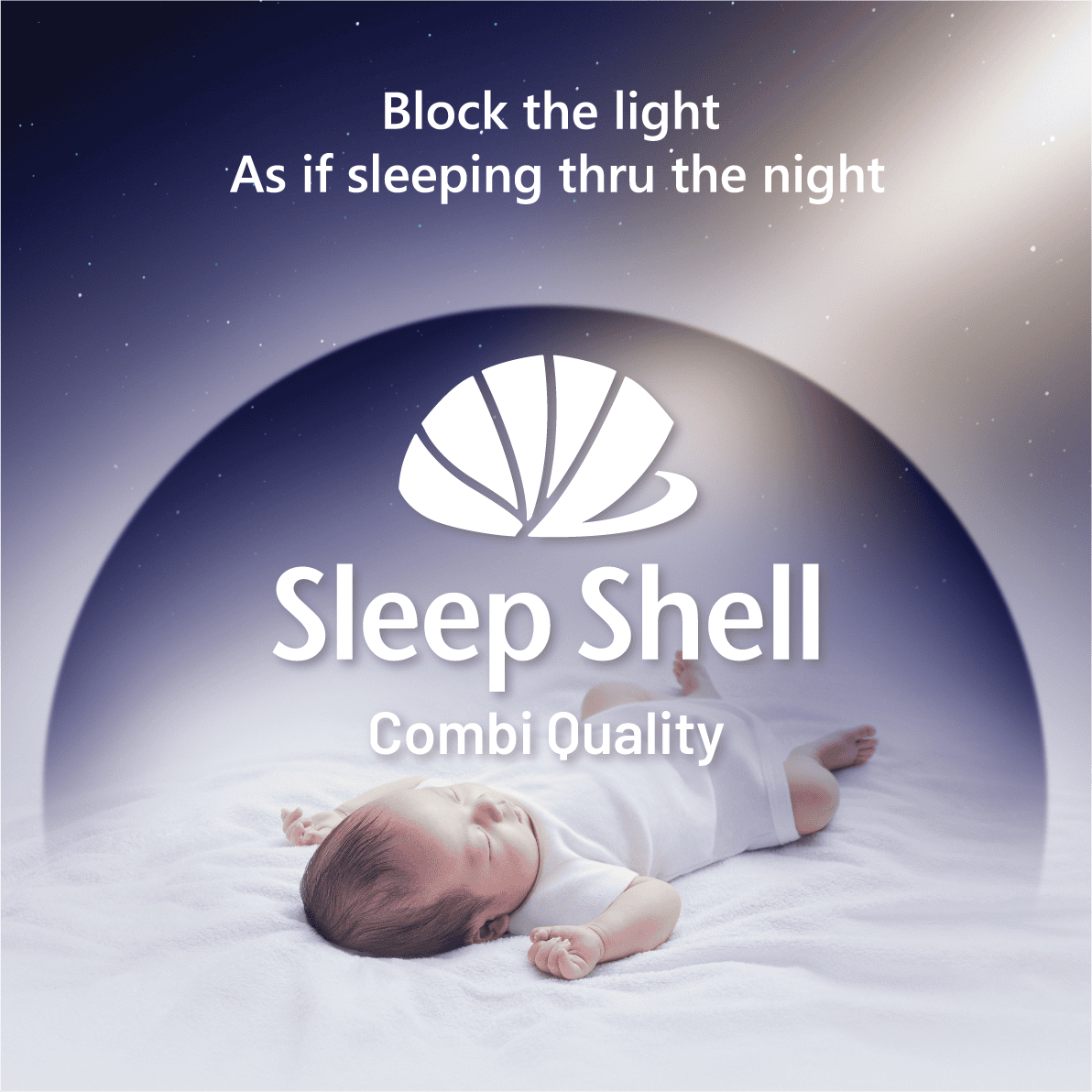 A sleeping infant beneath a Combi Sleep Shell canopy.